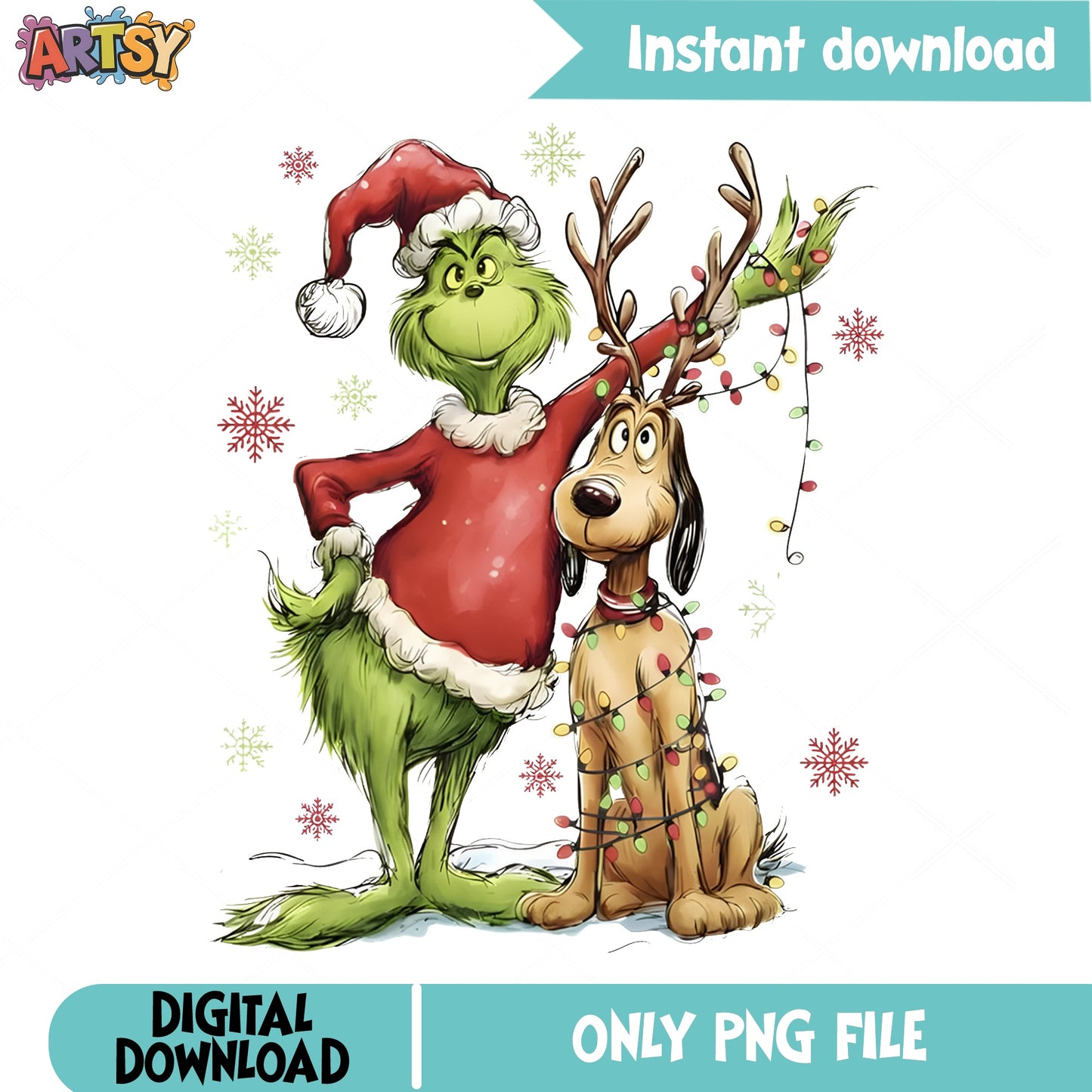 Grinch And Max Christmas PNG, Grinch Santa PNG, Christmas Lights PNG