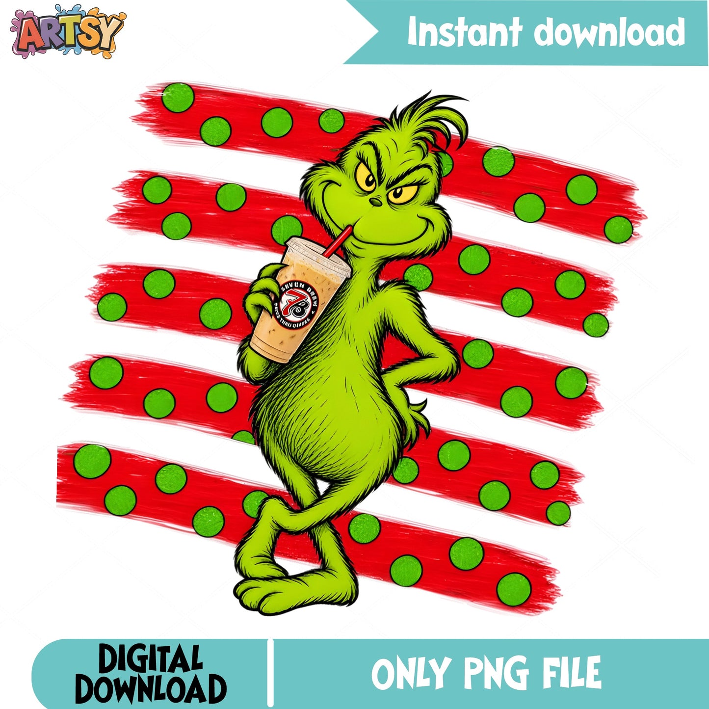 Grinch Drinking Coffee Christmas PNG, Grinch PNG, Christmas PNG