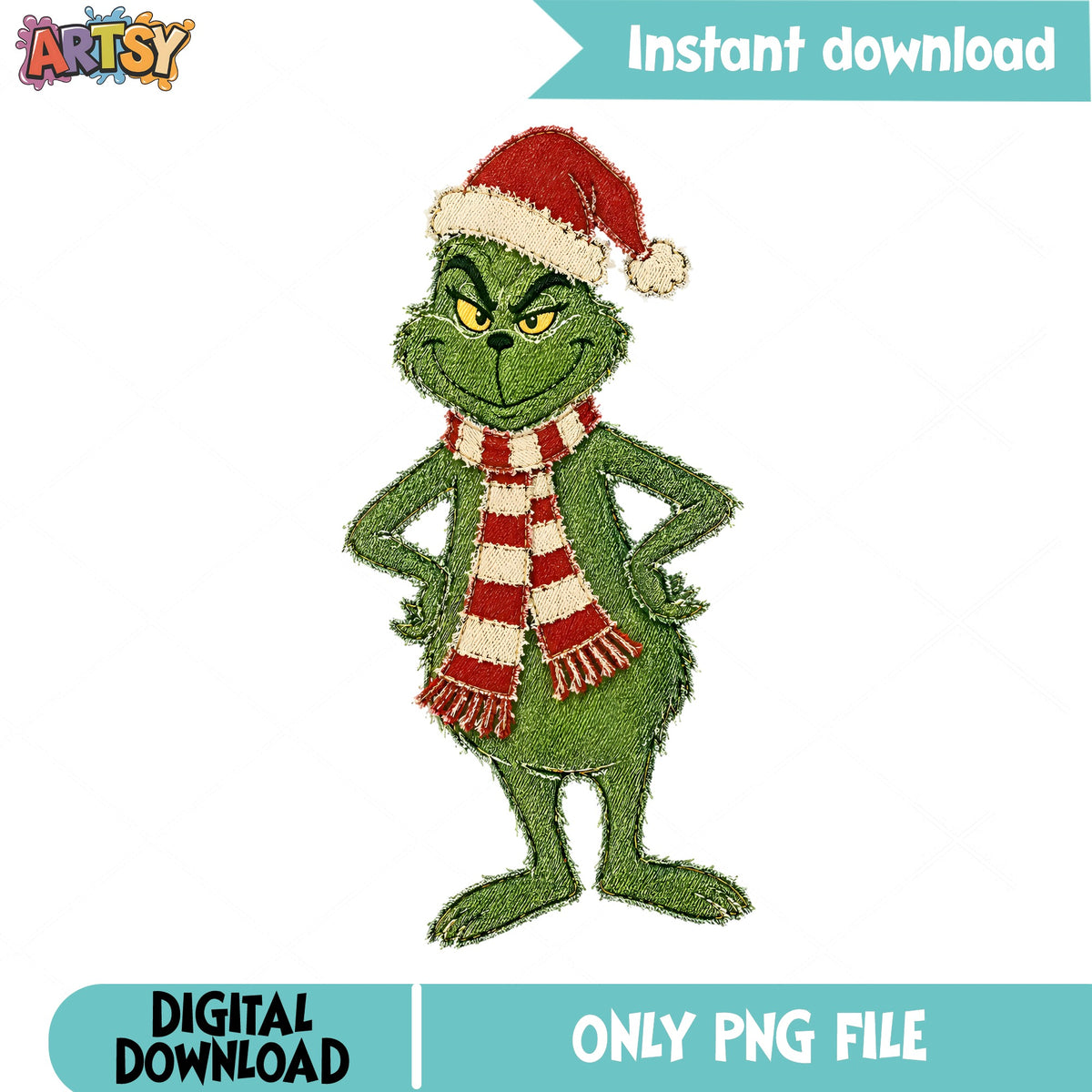 Grinch Embroidery Christmas PNG, Grinch Santa PNG, Holiday PNG