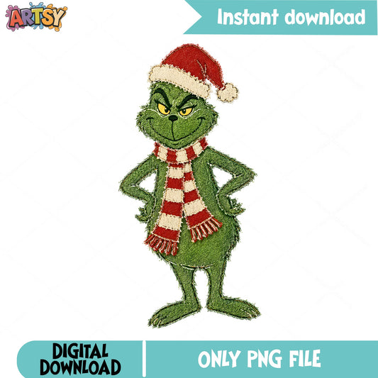 Grinch Embroidery Christmas PNG, Grinch Santa PNG, Holiday PNG