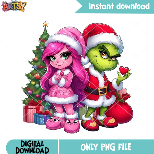 Grinch and the pink girl png, merry christmas png, christmas gifts​ png