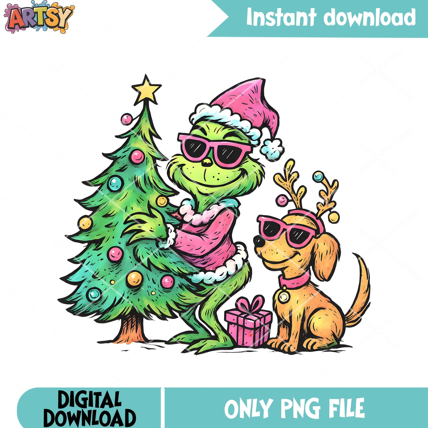Grinch costume santa png, max the dog png, christmas tree png