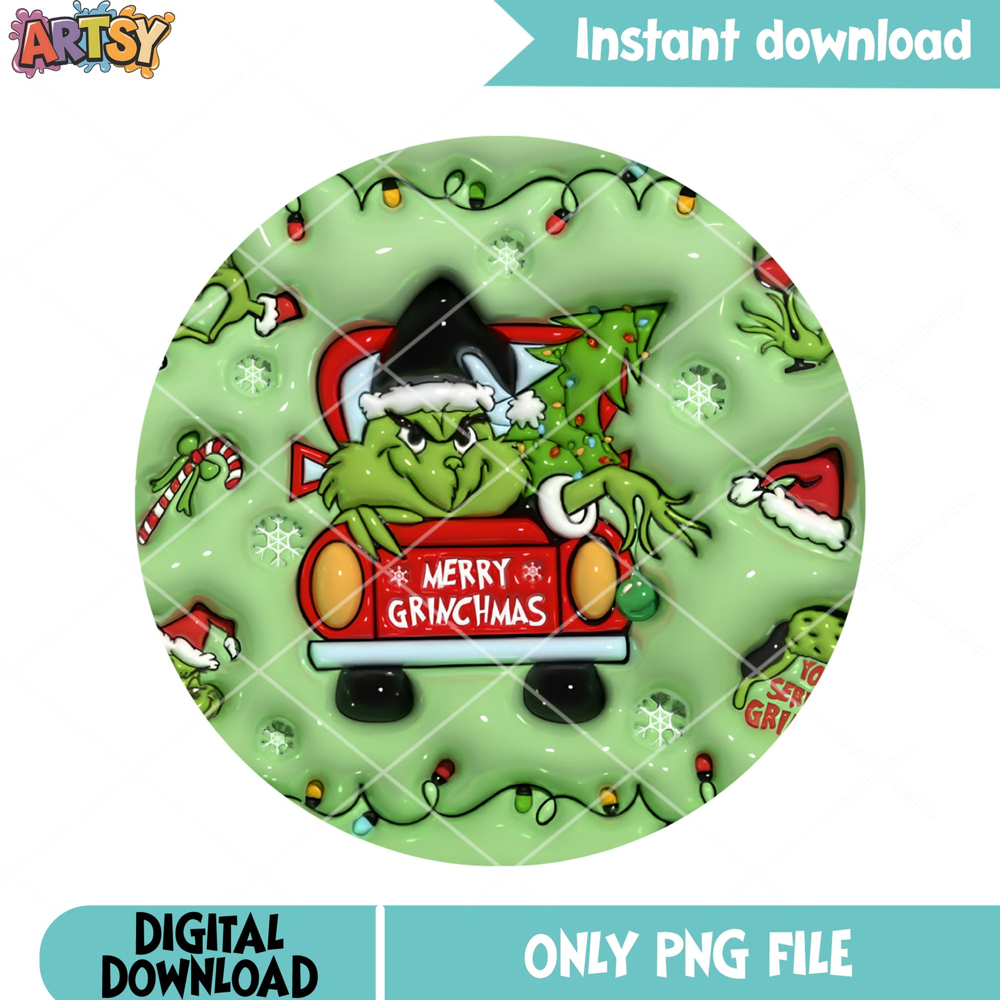 Grinch driving red truck png, green slime pattern png, red truck png