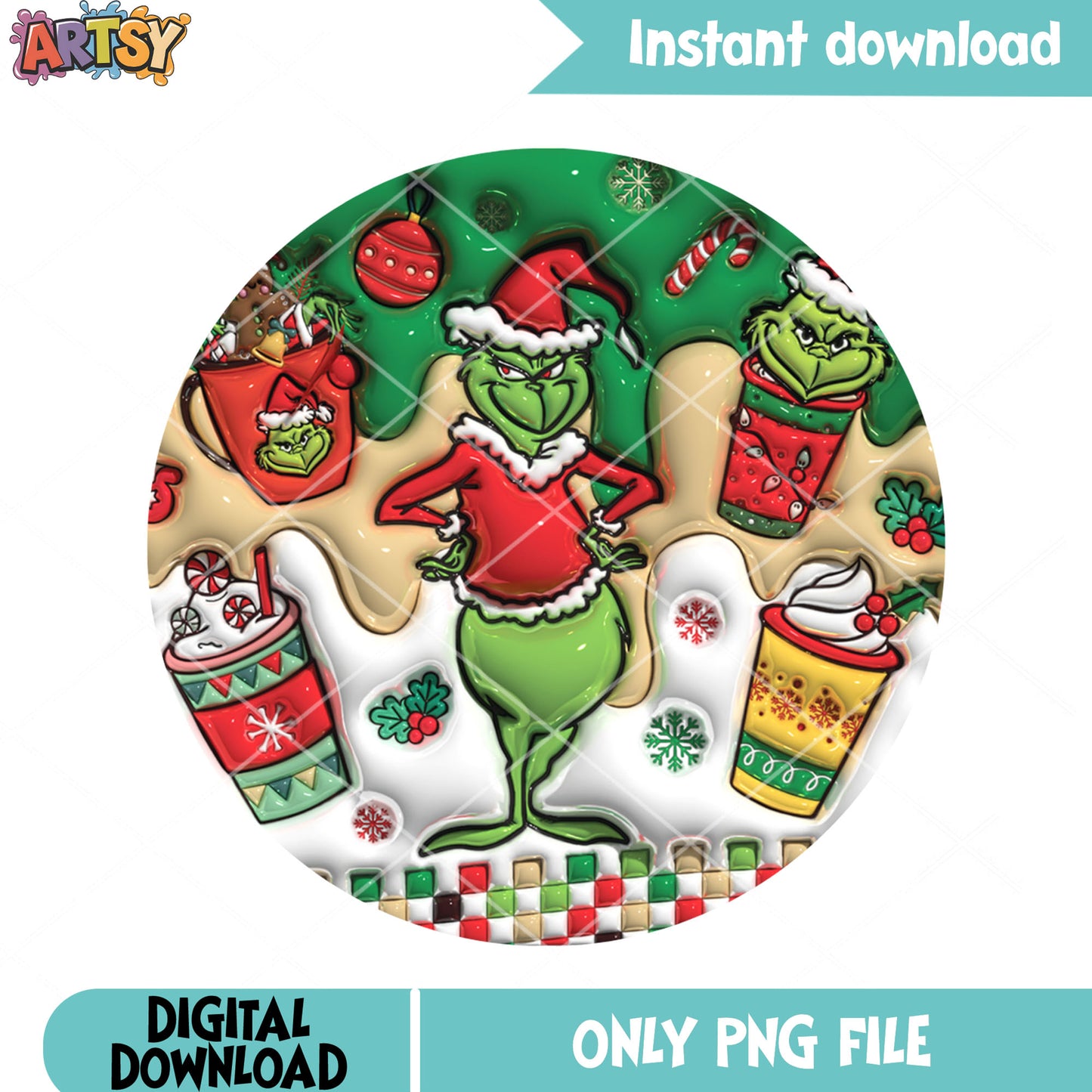 Grinchmas drinks santa hat png, festive winter beverages png, cute png