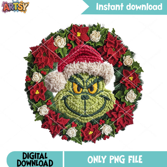 Grinch santa hat png, christmas wreath png, merry christmas png