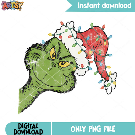 Grinch the santa hat png, String light christmas png, christmas​ png