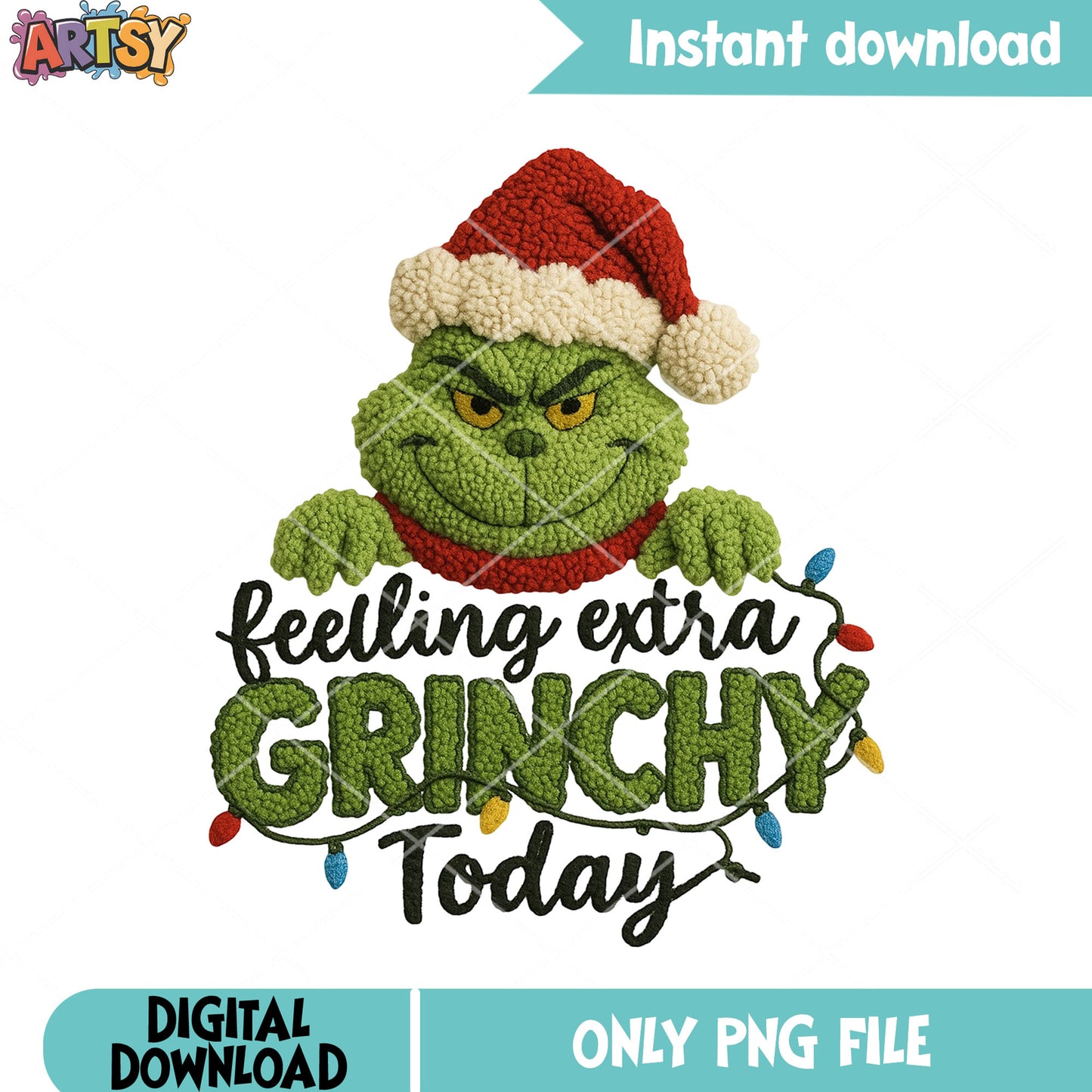 Grinchy stringlight christmas png, santa hat png, the grinch png