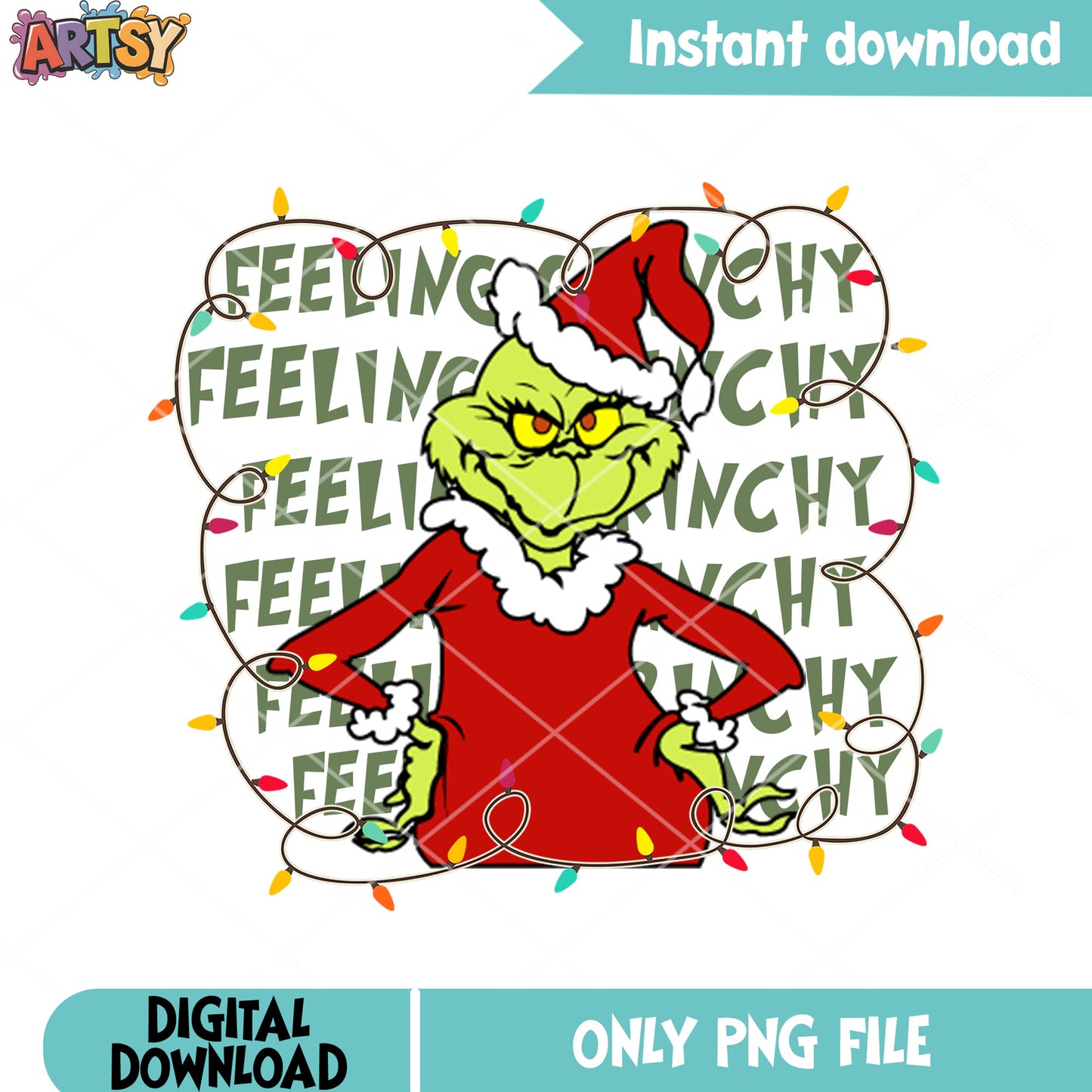 Grinchy xmas costume png, santa claus png, christmas lights png