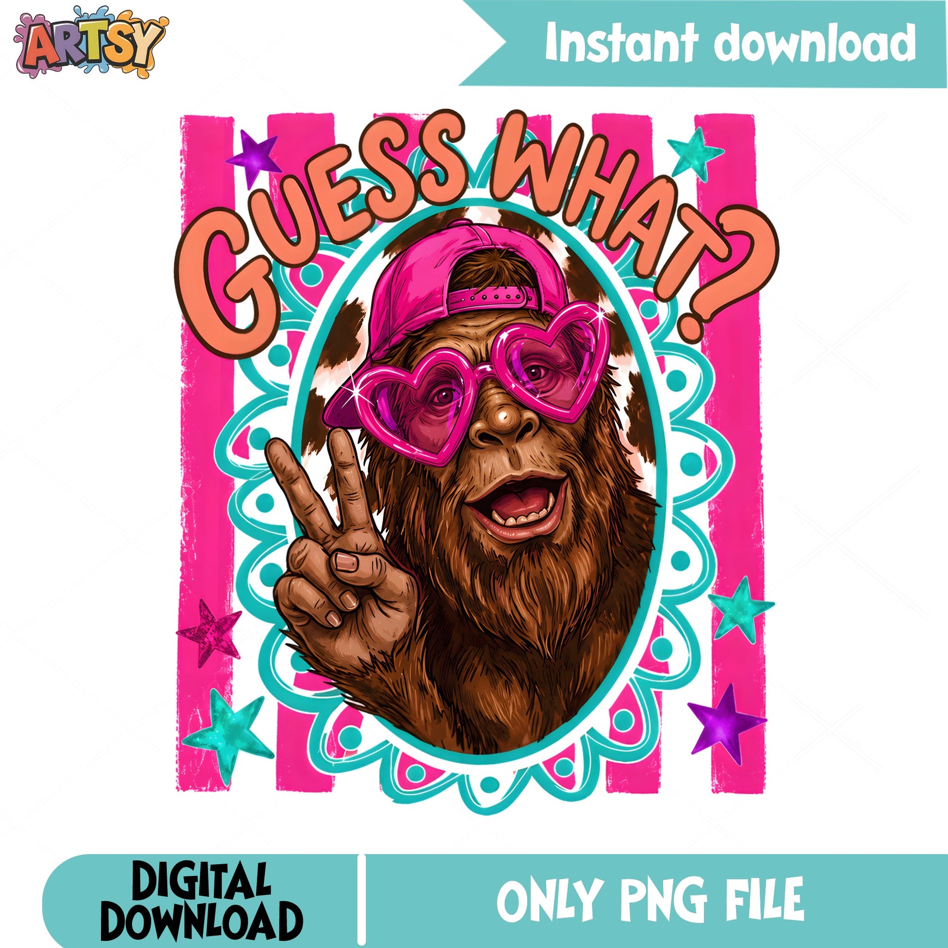 Guess What Bigfoot PNG, Funny Sasquatch PNG, Retro Groovy PNG