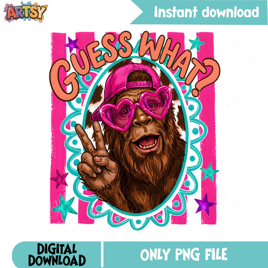 Guess What Bigfoot PNG, Funny Sasquatch PNG, Retro Groovy PNG