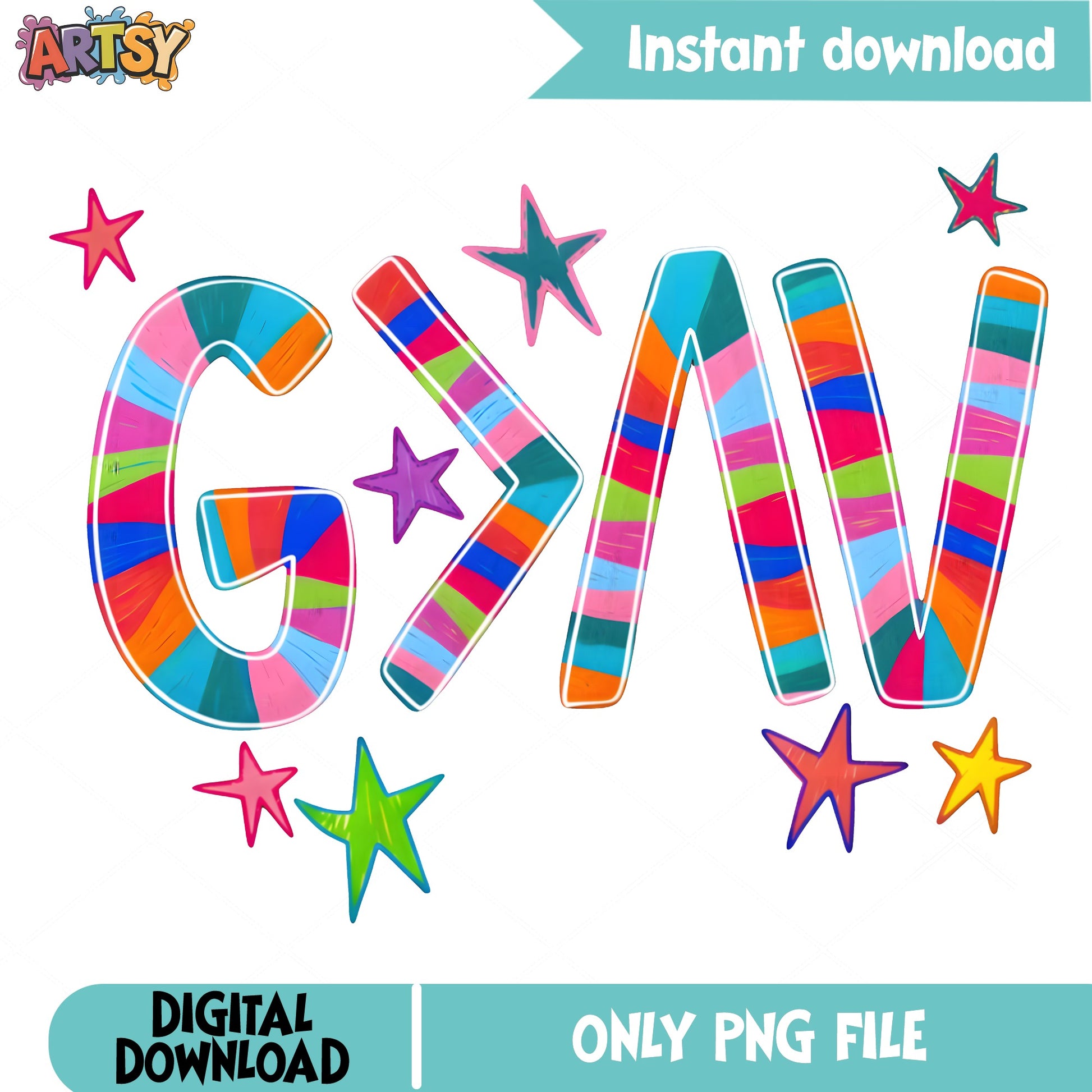 Gym Colorful Striped Letters PNG, Gymnastics Stars PNG, Gym Life PNG