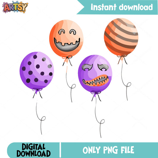 Halloween Balloon Clipart PNG, Spooky Balloon Bundle, Halloween PNG