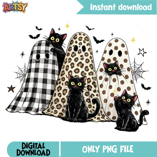 Halloween Black Cat Ghost PNG, Spooky Cat Sublimation, Halloween PNG
