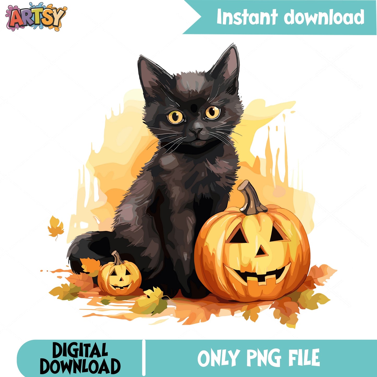 Halloween Black Cat PNG, Cute Cat Pumpkin PNG, Fall Clipart PNG
