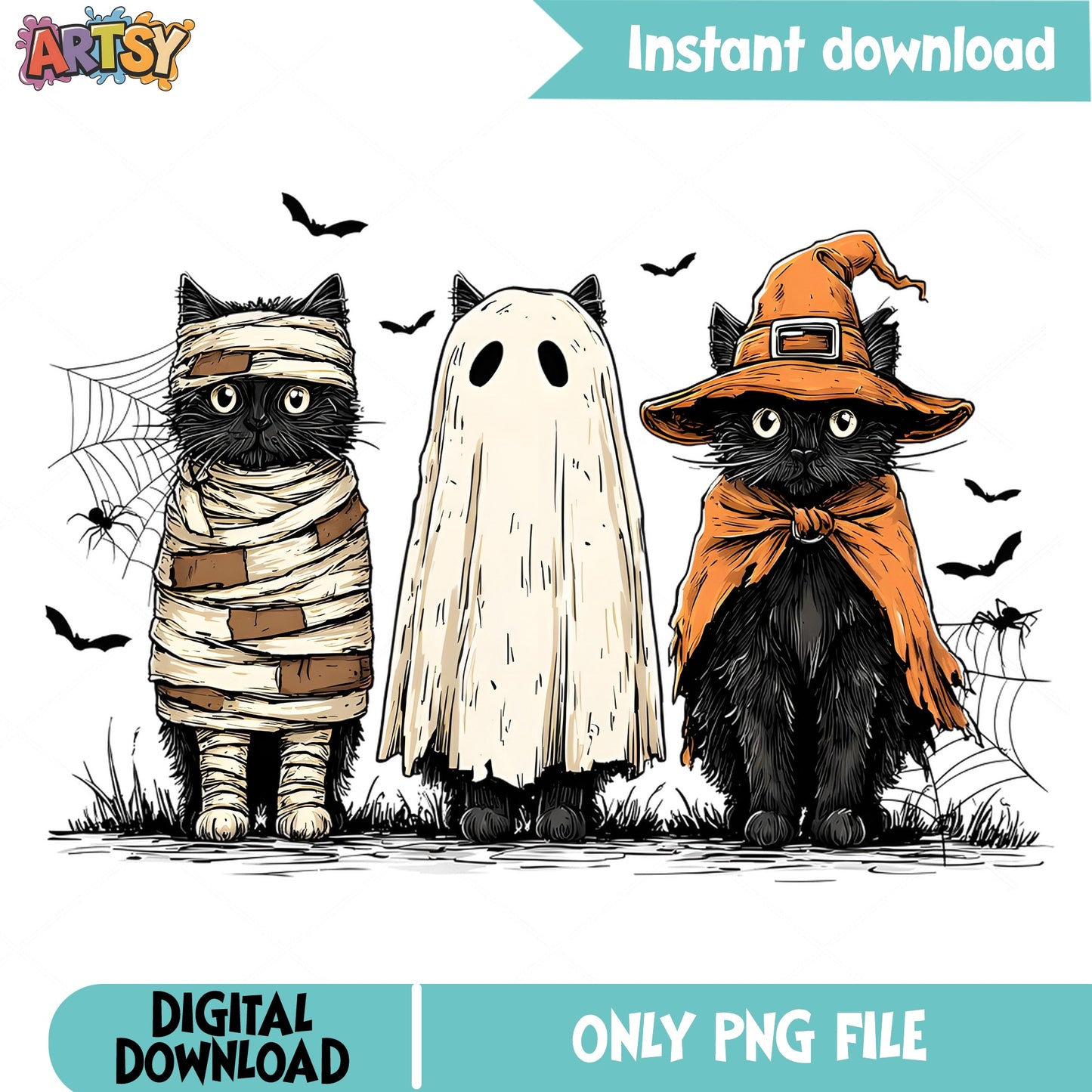 Halloween Black Cat PNG, Spooky Cat Witch Ghost Mummy PNG, Cat Halloween PNG