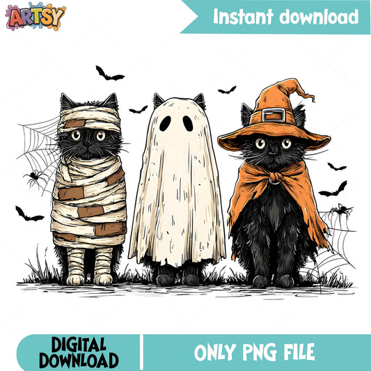 Halloween Black Cat PNG, Spooky Cat Witch Ghost Mummy PNG, Cat Halloween PNG