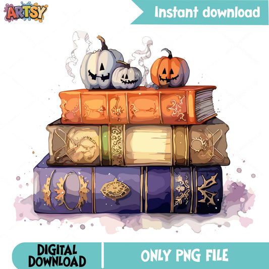 Halloween Books With Pumpkins PNG, Spooky Book Stack PNG, Halloween PNG