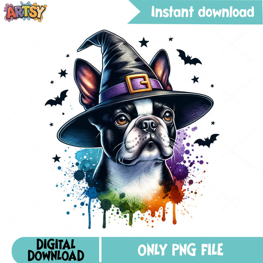 Halloween Boston Terrier Witch PNG, Dog Halloween PNG, Spooky Dog PNG