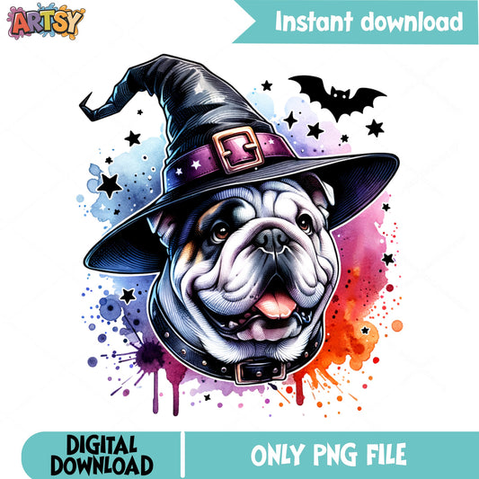 Halloween Bulldog Witch PNG, Watercolor Dog Halloween PNG, Funny Bulldog PNG