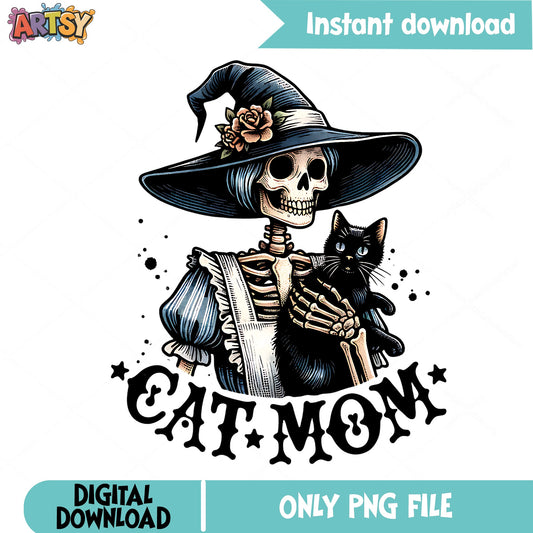 Halloween Cat Mom PNG, Skeleton Witch Black Cat PNG, Spooky PNG