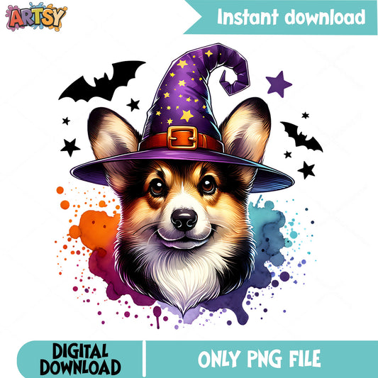 Halloween Corgi Witch Hat PNG, Spooky Dog Sublimation, Halloween PNG
