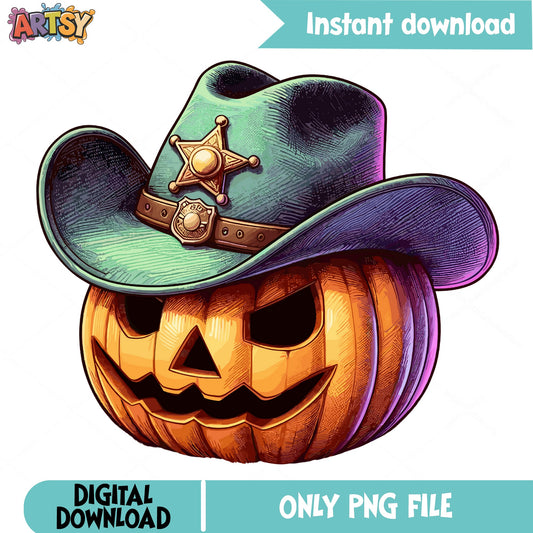Halloween Cowboy Pumpkin PNG, Jack O Lantern Sheriff PNG, Spooky Western PNG