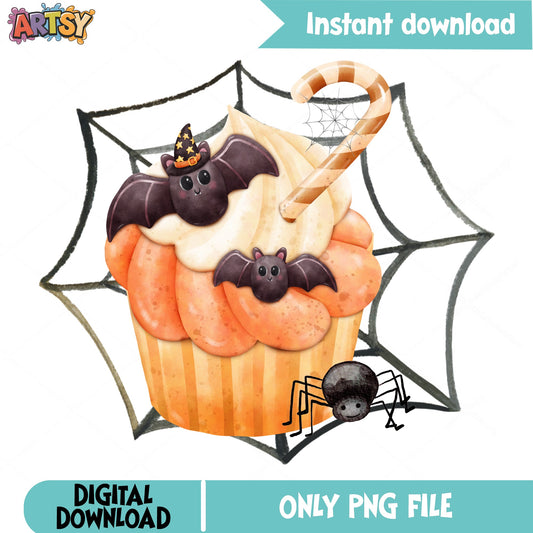 Halloween Cupcake PNG, Cute Bat Spider Web Clipart, Halloween PNG