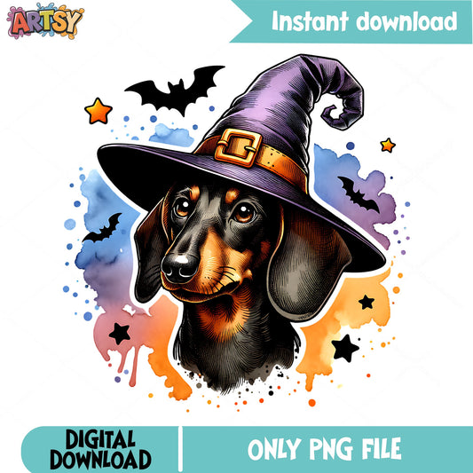 Halloween Dachshund Witch Hat PNG, Spooky Dog PNG, Halloween PNG