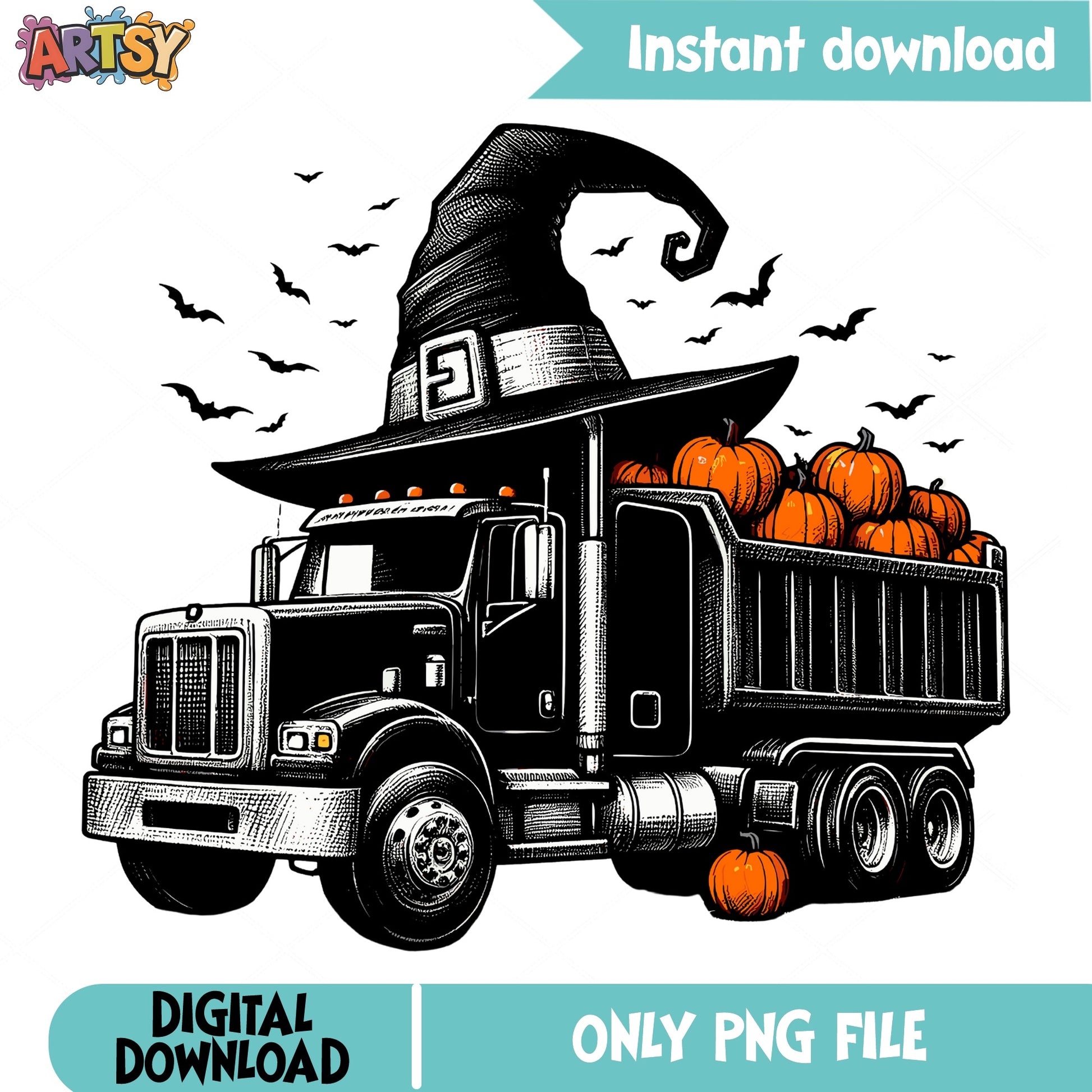 Halloween Dump Truck With Pumpkins PNG, Witch Hat Truck PNG, Halloween PNG
