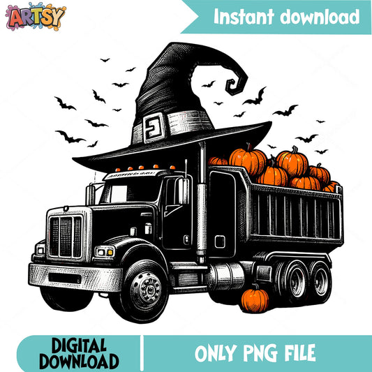 Halloween Dump Truck With Pumpkins PNG, Witch Hat Truck PNG, Halloween PNG