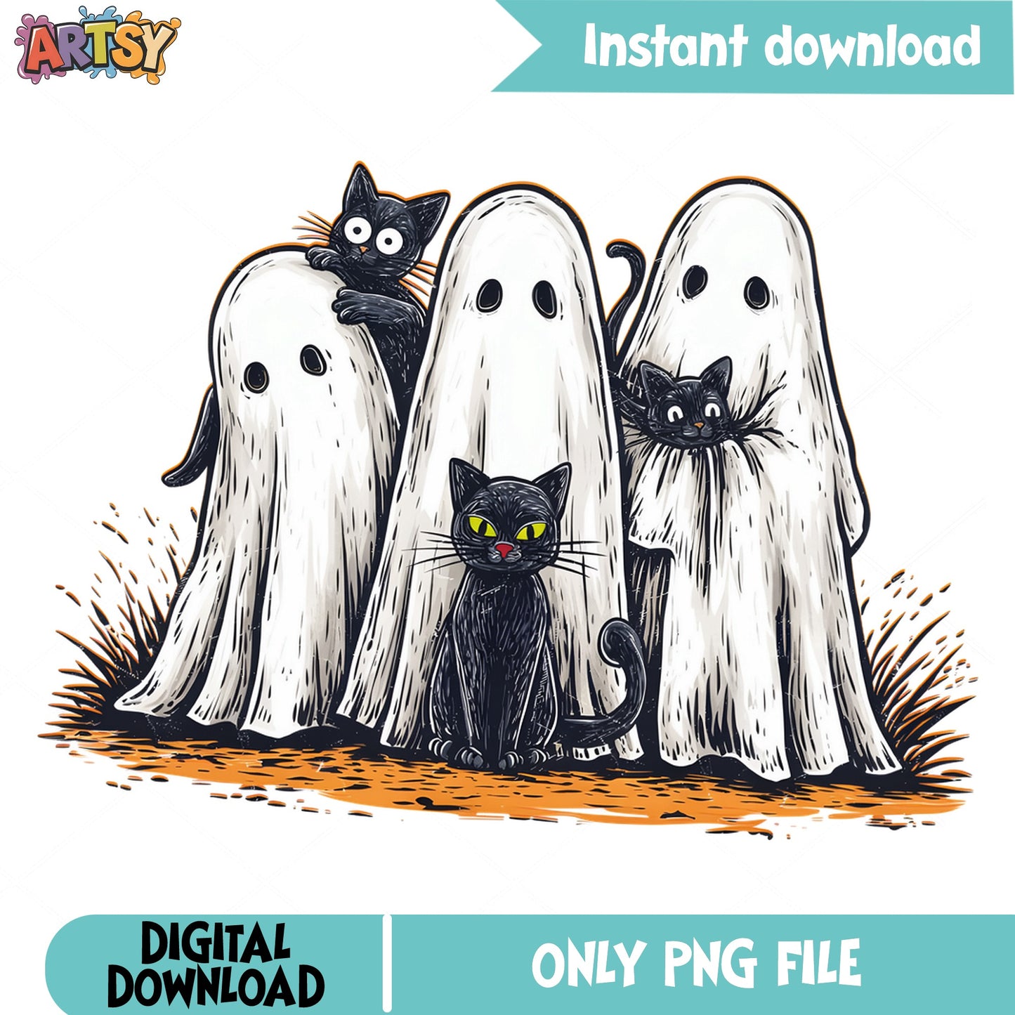 Halloween Ghost And Black Cat PNG, Spooky Ghost Cat PNG, Halloween PNG