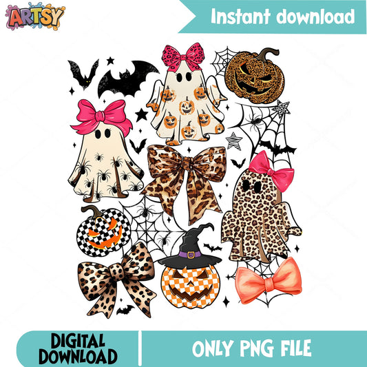 Halloween Ghost Bow PNG, Leopard Pumpkin Coquette PNG, Spooky PNG