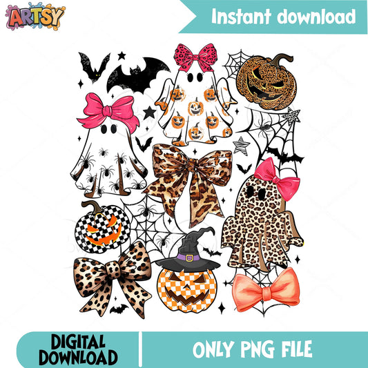 Halloween Ghost Bundle PNG, Coquette Bow Pumpkin PNG, Leopard Halloween PNG