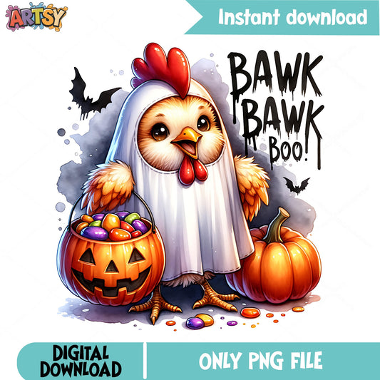 Halloween Ghost Chicken PNG, Bawk Bawk Boo PNG, Funny Chicken PNG