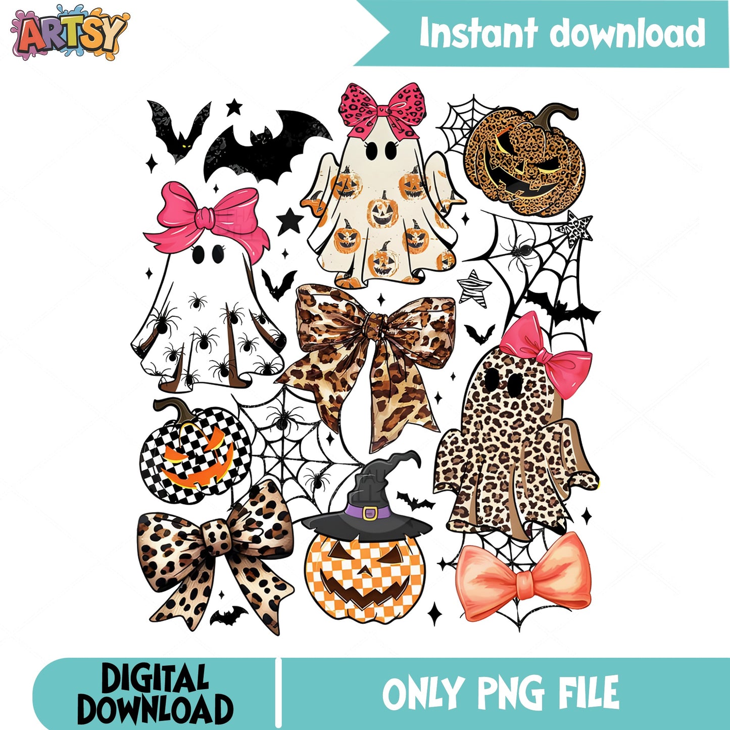 Halloween Ghost Clipart PNG Bundle, Leopard Bow Pumpkin PNG, Spooky PNG