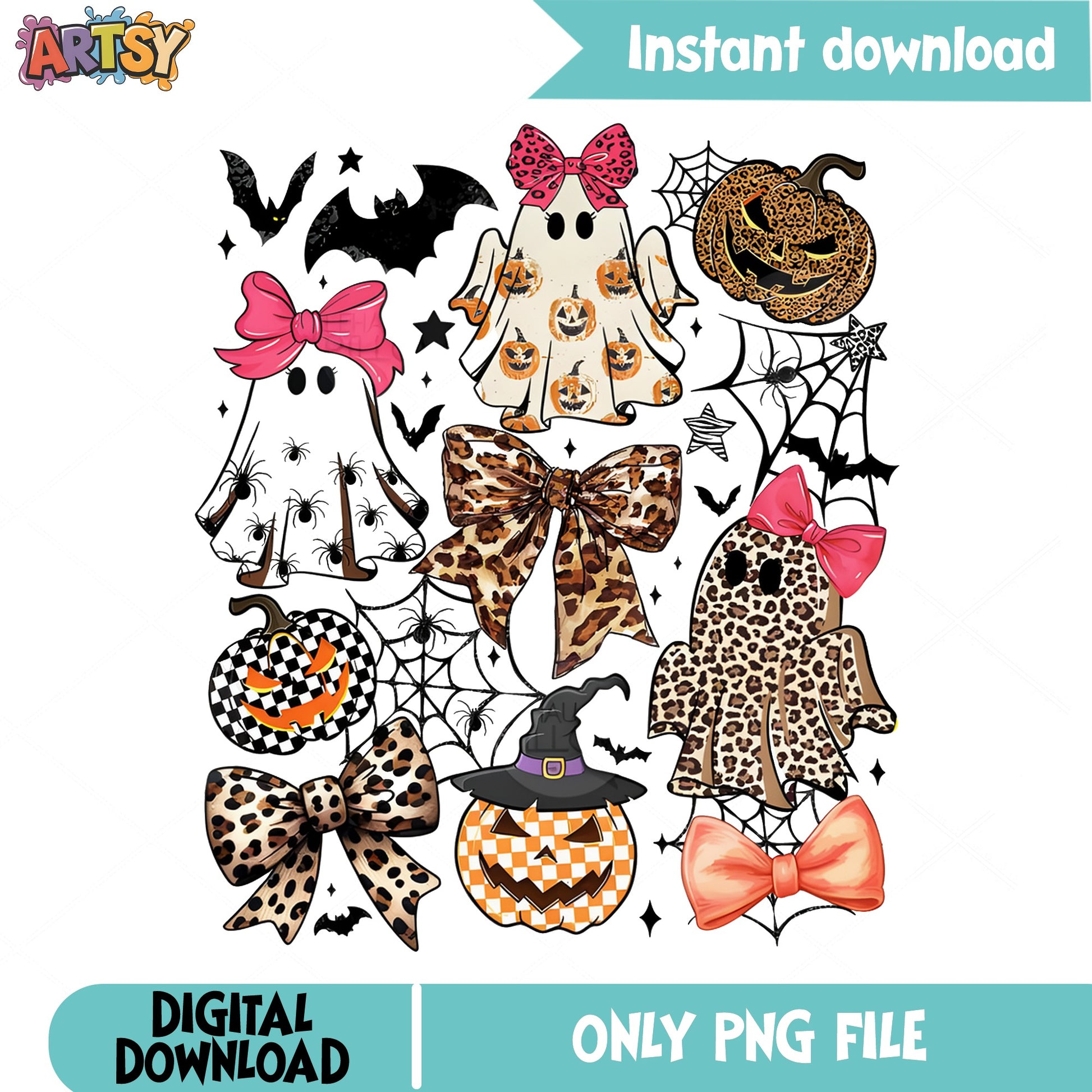 Halloween Ghost Clipart PNG Bundle, Leopard Bow Pumpkin PNG, Spooky PNG
