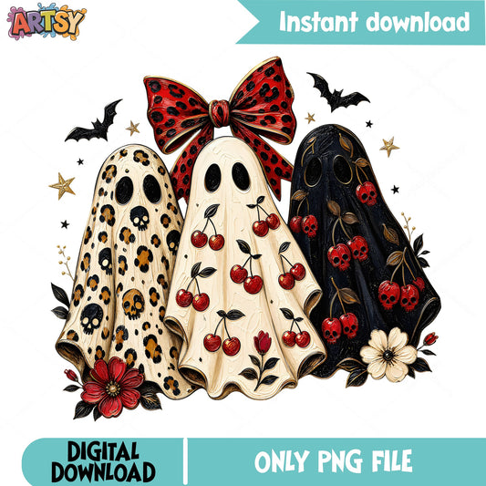 Halloween Ghost Leopard Cherry Bow PNG, Spooky Ghost PNG, Halloween PNG
