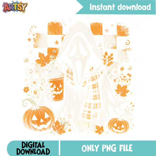 Halloween Ghost Pumpkin Spice Latte PNG, Scream Ghost PNG, Fall PNG