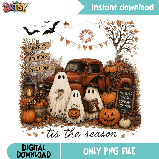 Halloween Ghost Tis The Season PNG, Fall Pumpkin Truck PNG, Spooky PNG
