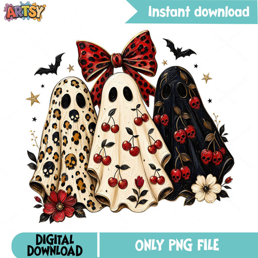 Halloween Ghost Trio PNG, Leopard Cherry Skull Ghost, Coquette PNG