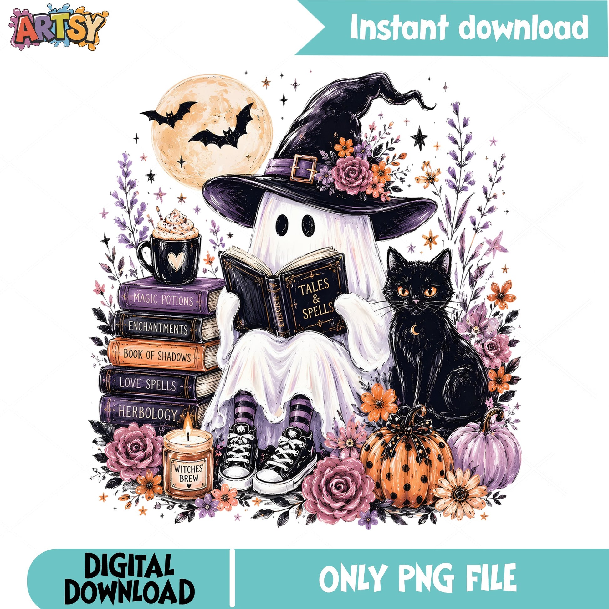 Halloween Ghost Witch Reading Book PNG, Spooky Ghost PNG, Halloween PNG