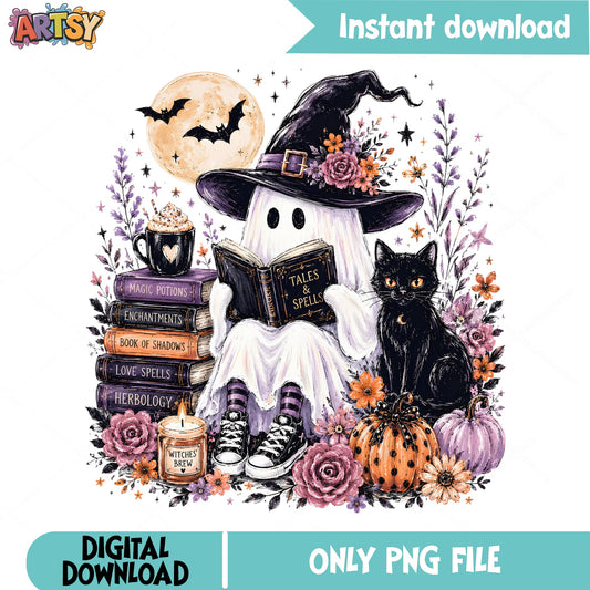 Halloween Ghost Witch Reading Book PNG, Spooky Ghost PNG, Halloween PNG