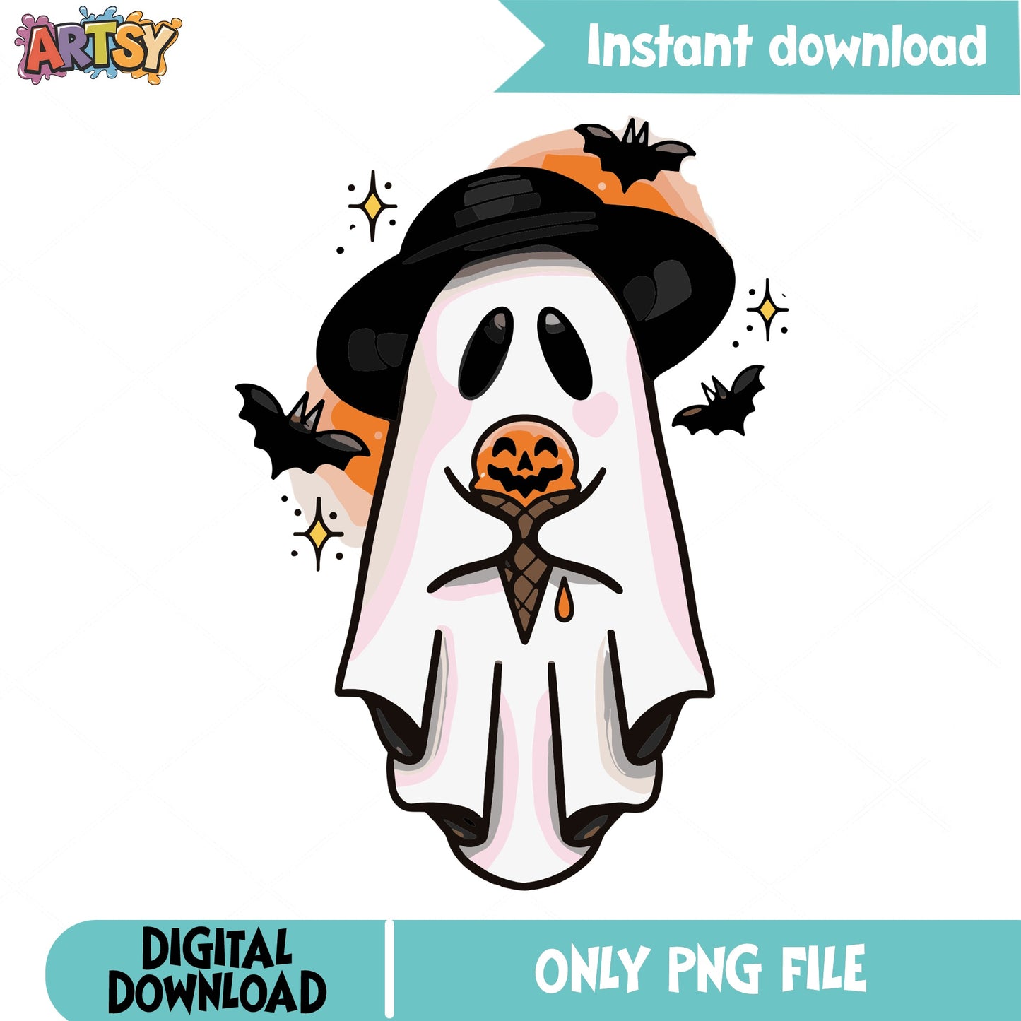 Halloween Ghost With Pumpkin Ice Cream PNG, Cute Ghost PNG