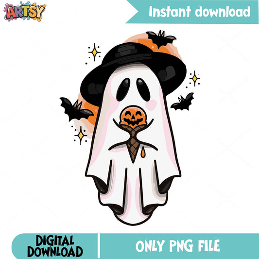 Halloween Ghost With Pumpkin Ice Cream PNG, Cute Ghost PNG