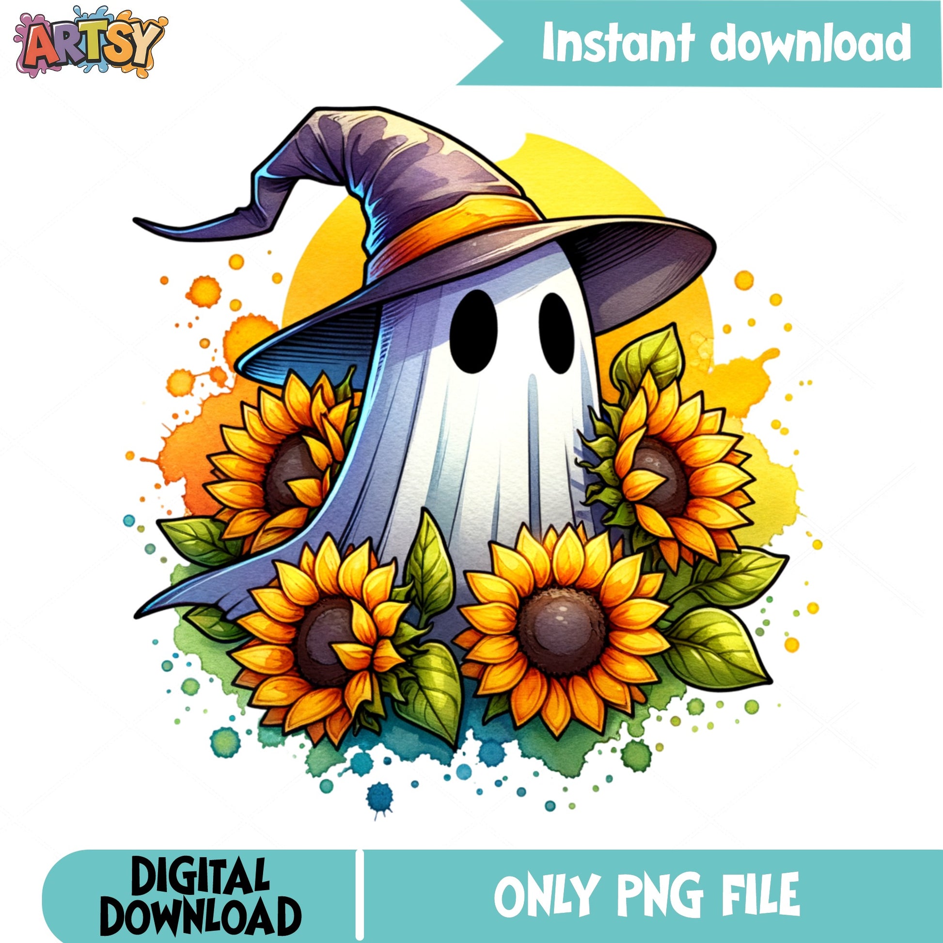 Halloween Ghost With Sunflowers PNG, Witch Hat Ghost PNG, Fall PNG