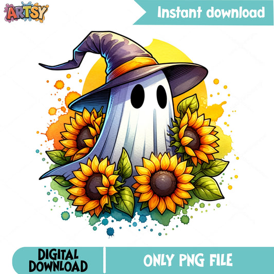 Halloween Ghost With Sunflowers PNG, Witch Hat Ghost PNG, Fall PNG