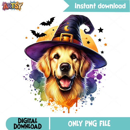 Halloween Golden Retriever Witch PNG, Dog Halloween PNG, Spooky Dog PNG