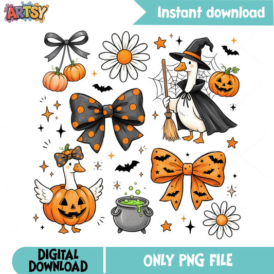 Halloween Goose Coquette Bow PNG Bundle, Witch Duck PNG, Halloween PNG