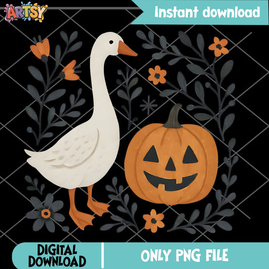 Halloween Goose With Pumpkin PNG, Spooky Goose PNG, Fall PNG