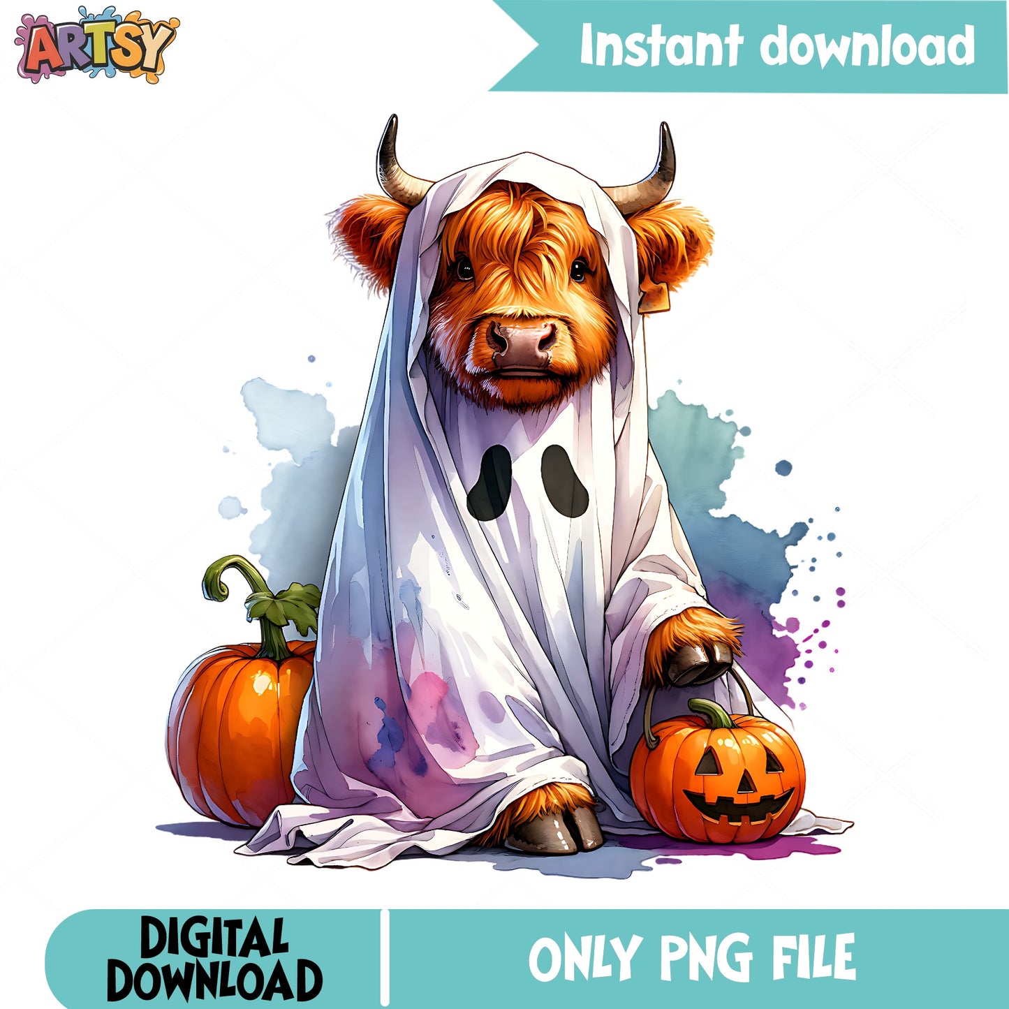 Halloween Highland Cow Ghost PNG, Spooky Cow Clipart, Halloween PNG